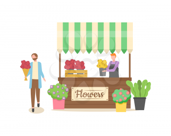 Seller with flowers in pots vector, male selling flora growing in small containers, shop with decor and gifts, romantic customer holding bouquet of roses