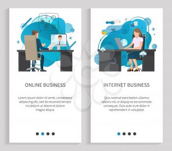 Workers using laptop, people working with computer, internet business, retail online, wireless device, man and woman on workplace, commerce vector. Website or app slider, landing page flat style
