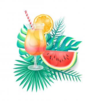 Cocktail with straw and orange slice decor and watermelon piece on palm leaves. Refreshing tropical drink with ice and piece of fruit vector isolated