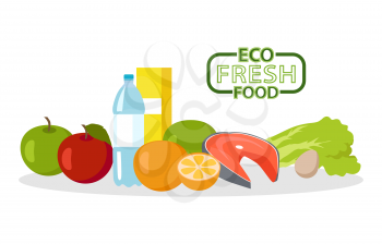 Eco fresh food vector, bottle of water, apples fruits and meat of salmon, salad leaves and orange, juice in package and greenery fresh products flat style