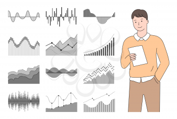 Businessman reading papers and reports vector, infographics male with business documents infographics, analytics and stats flat style visualization