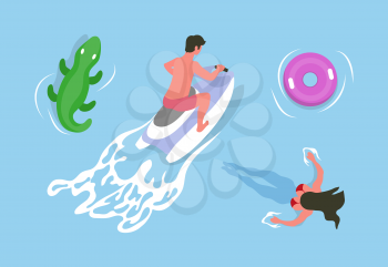 Man driving on water bike, swimming woman, rubber, inflatable circle and inflatable crocodile, female relaxing in sea or pool, summer activity vector