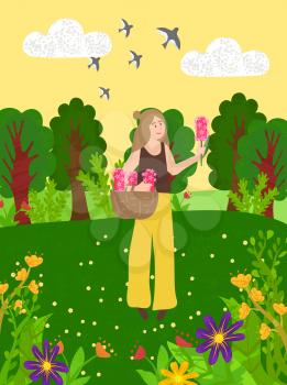 Meadow and blooming flowers, forest and green trees and bushes. Vector woman with basket and pink gorgeous in summer or spring wood on green grass, countryside landscape