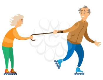 Aged people rollerblading, portrait view of old people wearing casual clothes and roller-skates holding stick, grandparents recreation, activity vector