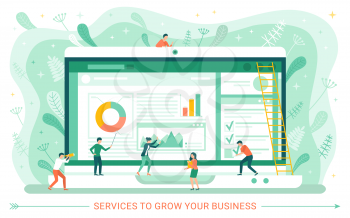 Service to grow your business, monitor of laptop, screen of webpage with charts, workers characters, teamwork cooperation, stairs and leaves vector. Special web applications for business, audit, taxes