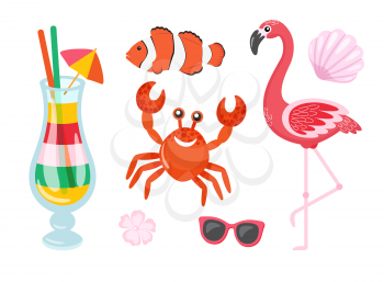 Flamingo bird vector, crab and seashell, isolated set. Sunglasses and cocktail in glass, fish and beverage with umbrella and straws, served drink
