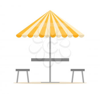 Parasol with table, chairs resort equipment, striped umbrella and seat in flat design style, nobody leisure place, summer element, beach furniture vector
