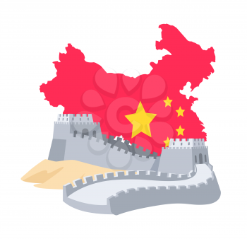 Great Wall of China and Chinese Map decorated by national flag, historical landmark, shape of state and tourism object, boundary from bricks vector