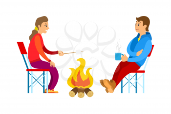 Man and woman in sport suit sitting on chairs, female holding branch near bonfire, male drinking. Side flat view people, tourists isolated, picnic vector