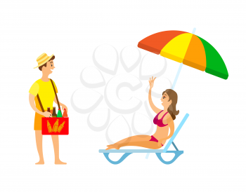 Woman rising hands for buying bottles, man standing with box of drinks. Girl in swimsuit lying on chaise lounge under parasol, business on beach vector