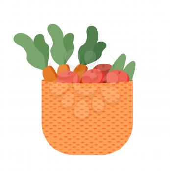 Basket with farmer products isolated carrot and potato, agriculture concept. Vector gardening and farming, shopping on salad, agronomy homegrown food