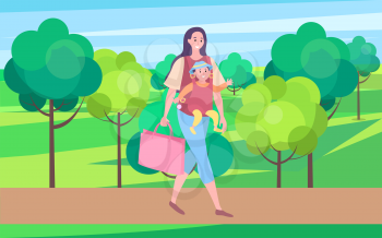 Woman holding bag vector, mother with child walking in city park with buildings. Family baby and mom, brunette character with kid pastime of people