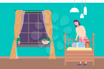 Mother standing near wooden baby bed with sleeping newborn and teddy toy. Bedroom with big window and blue wall, mom caring, portrait view of family vector