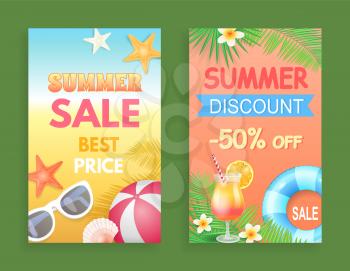 Summer discount best price set of posters vector. Proposition and promotion, reduction of price. Rubber ball and sunglasses, cocktail and flowers