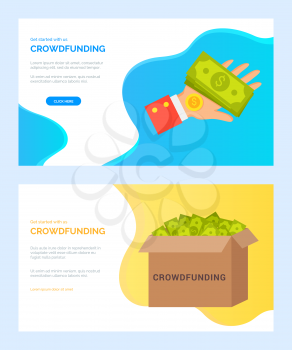 Crowdfunding vector, person holding money on hand, green banknotes American dollars financial profit and stability. Carton box with benefit. Website or webpage template, landing page flat style