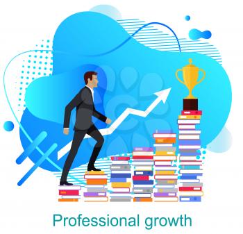 Personal growth vector, man walking up on books, development of skills and abilities, road to success and wealth. Businessman wearing suit colorful design