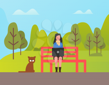 Person sitting on bench in park vector, freelancer using computer typing info on laptop. Lady with gadget, pet dog by owner, green forest and fair weather