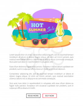 Hot summer sale, summertime sticker with cocktail and sunglasses at sea cost web online poster. Vector price tag with tropical drink at coastline, palms