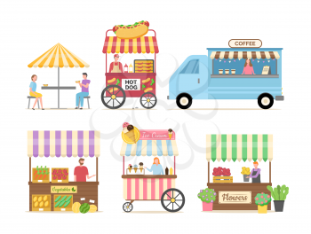 People selling street food and beverage vector, vegetables market with tent, coffee shop and hot dog meal with place for customers to sit and eat, food court