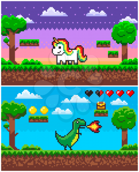 Unicorn and dinosaur characters vector, pixel game with players and icons, health life points, treasure in casket, coins points for score 8 bit graphics, pixelated app games animals