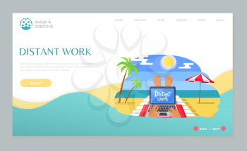 Distant work of person lying on chaise lounge with ocean view, freelancer using laptop on beach, palm tree and parasol, wireless device online vector. Website webpage template, landing page flat style