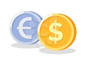 Coins euro and dollar, golden and silver circle money, metal cash or purse, currency object with shadow, financial element of bank, investment vector. Coin market exchange