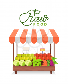 Assortment of vegetables and fruit, green objects and apples, carrot and cabbage, radish in shop, market decoration, shopping poster, healthy food vector