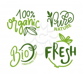 Organic food vector, 100 percent of natural ingredients set of isolated emblems and logotypes. Logo with inscription and plants foliage and flora