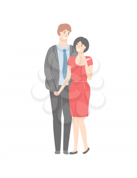 Adult couple, handsome man in suit and pretty woman in red dress isolated cartoon characters. Vector husband and wife, happy family, laughing people