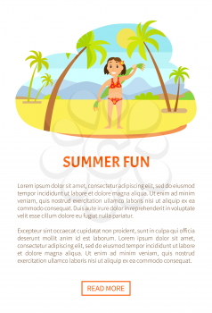 Summer fun, smiling girl with flower in hair, child standing on sand in swimsuit holding towel on back, mountain landscape, palm trees vector. Website or webpage template, landing page