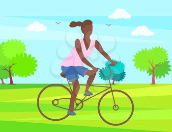 Woman cycling in park, afro-american lady riding on bike, teenage girl at bicycle cartoon character. Vector female ride on cycle, active way of life