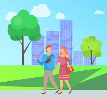 Man and woman walking in city park, portrait and full length view of couple in casual clothes, holding hands, dating of boyfriend and girlfriend vector