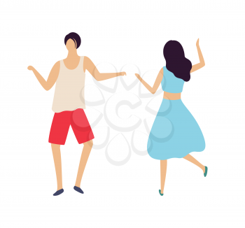 People having fun in night club vector, dancing woman and man relaxing couple clubbing adults relaxing. Isolated pair raising hands up flat style