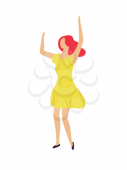 Partying woman dancing and having fun vector, funny character wearing yellow dress, dancer isolated flat style adult. Party celebration and activity