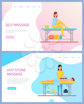 Self massage. Person lying on table with hot stones and towel on back. Skincare and relaxation of girls, treatment and therapy web page vector