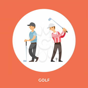 Golf players cartoon characters, tee and stick. Vector male wearing special uniform, person playing active game in round frame. Golfing English team sport
