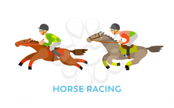Equine sports vector, riders wearing uniforms and protective helmets, people riding horses isolated men. Equestrian challenge, competition flat style