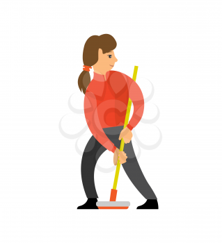 Female shuffleboard player, athletic girl with curling-broom in red shirt. Vector woman playing curling using special bat isolated cartoon character