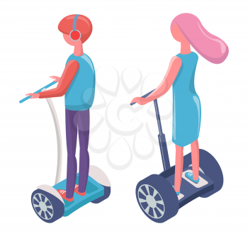 Man and woman balancing on segway, urban transport, back view of people in casual clothes on electric wheels, modern equipment, eco technology vector
