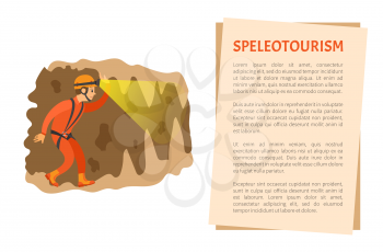 Man wearing helmet with light going in cave, male insurance going in antre, side view of person in orange suit, extreme or dangerous tourism vector