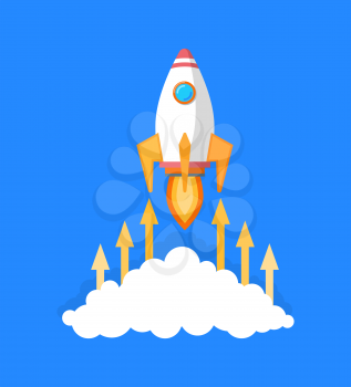 Startup and business solution vector, isolated icon of launching rocket leaving clouds of smoke. Fire and flames with arrows pointing up, achievement
