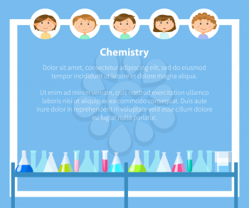 Chemistry classes, pupils poster with text vector. Schoolboy and schoolgirl in frames, chemical substance, laboratory lab with substances in glasses