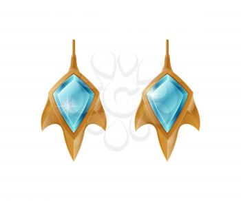 Golden earrings leaf shape isolated on white vector illustration female stylish accessories with blue stones, golden or platinum decoration for ears
