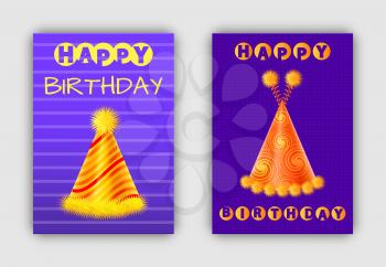 Anniversary happy birthday postcards with holiday hats, vector illustration collection of caps templates on posters, creative festive and bday banners