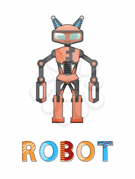 Robot humanoid realistic poster and headline. Robotic creature designed by people. Intelligent cyborg with antenna and long hands vector illustration