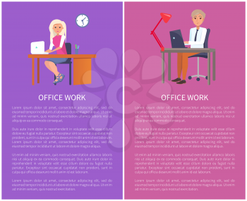 Office work banners set with man resting at workplace and woman typing on computer, vector workers sitting on chairs at table, banner with text sample
