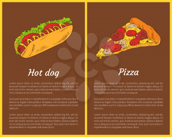Hot dog and pizza slice. Fast food italian traditional meal with cheese, sausage and tomatoes. Bun and frankfurter, salad leaves vector illustration
