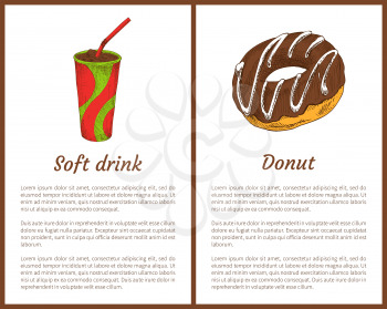Soft drink with ice and tasty pizza piece banner, vector illustrations of fast food and text sample, soda with red straw and glazed pastry doughnut