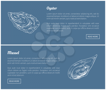 Oyster and mussel vector vintage illustration. Sea and ocean clams hand drawn decorative icons isolated on blue, restaurant menu template sketch.