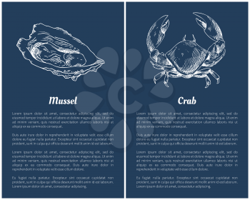Seafood set with mussel and crab engraved sketch. Isolated on blue, hand drawn vector illustration in vintage style template restaurant menu icons